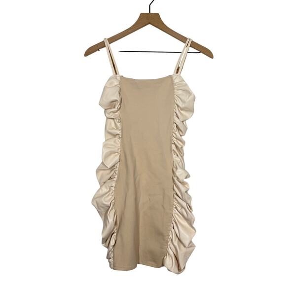 NEW Maniere de Voir Mini Dress Women's Size 8 Tan Faux Leather Ruched Side Party - Picture 2 of 10